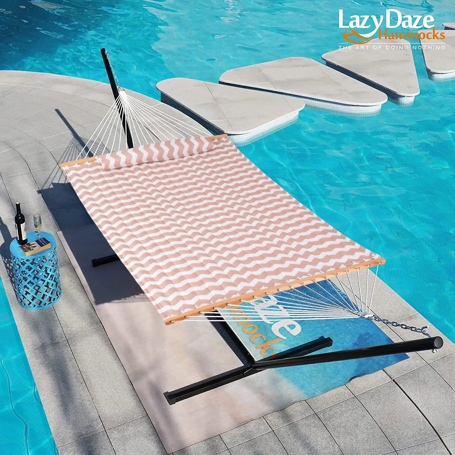 Lazy Daze 12 FT Quilted Double Hammock with Spreader Bar, 2-Person Outdoor Hammock for Patio, Poolside, Backyard, Beach - 450 lbs Capacity, Beige Wave
