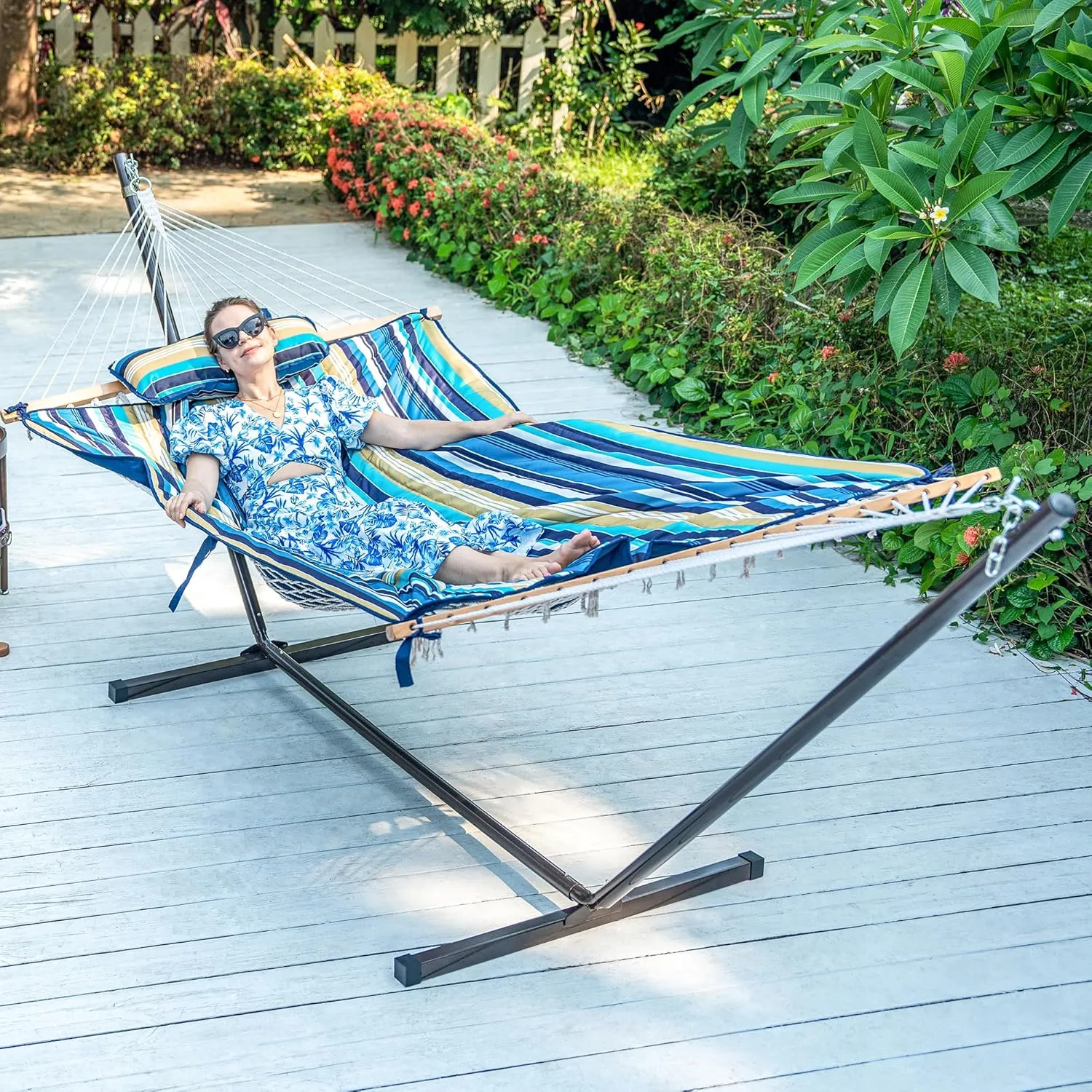 Lazy Daze 2 Person Hammock Pad With Pillow, Double Polyester Quilted 78" x 55" Replacement Pad for Rope Hammock, Blue Stripes