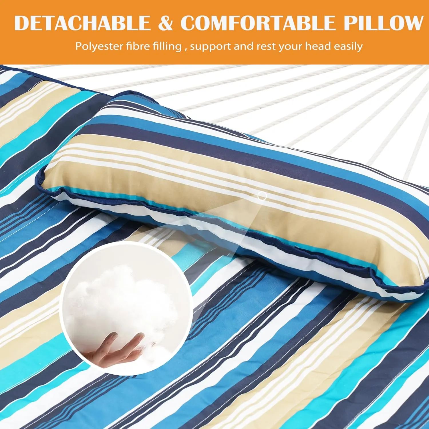 Lazy Daze 2 Person Hammock Pad With Pillow, Double Polyester Quilted 78" x 55" Replacement Pad for Rope Hammock, Blue Stripes