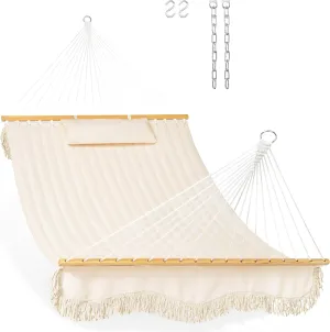 Lazy Daze Hammocks 12 FT Double Quilted Fabric Hammock with Hardwood Spreader Bar, Tassels, Soft Pillow, Chains, 2 Person Hammock for Outside Patio Backyard Poolside, 450 LBS Weight Capacity, Cream