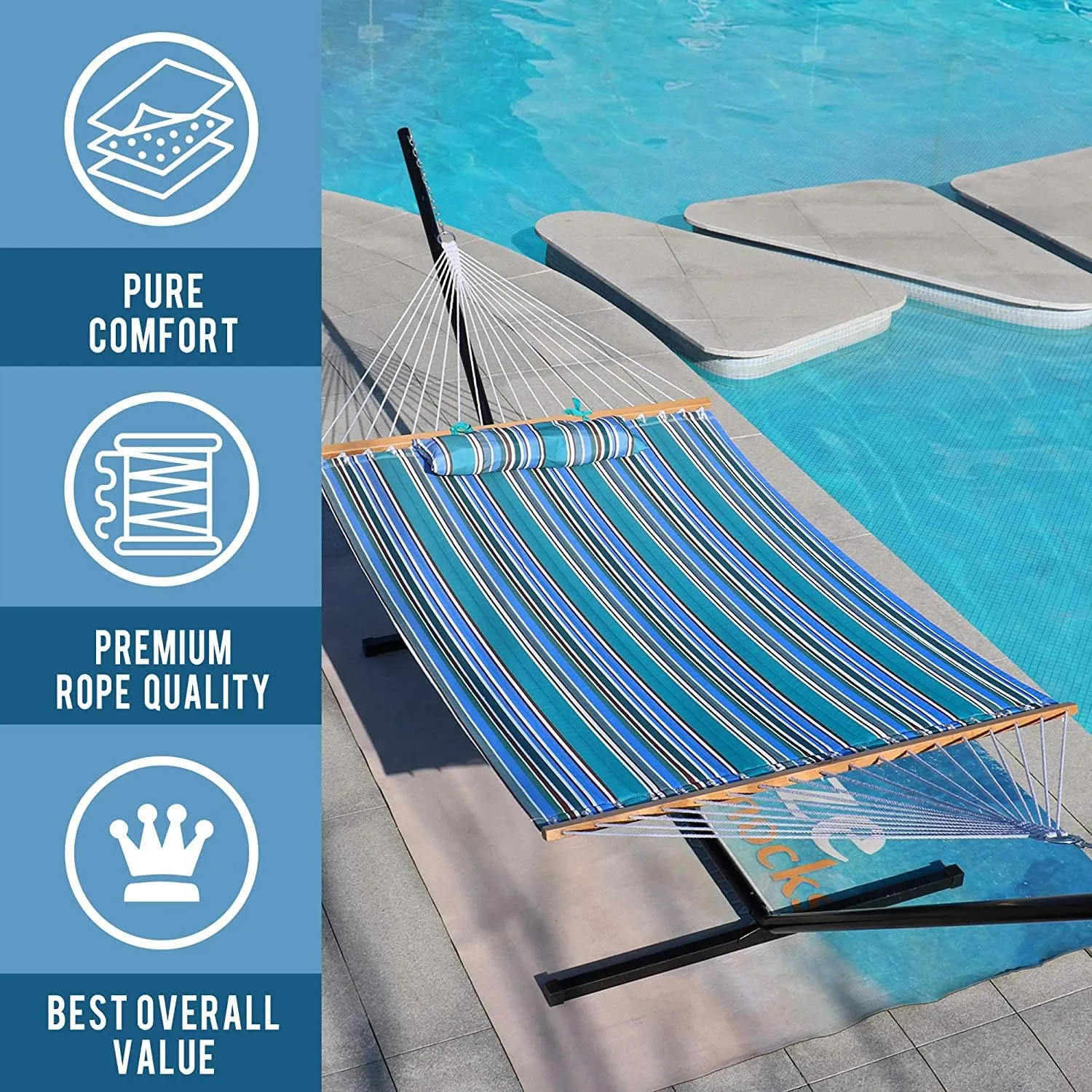 Lazy Daze Hammocks 12 FT Quilted Fabric Double Hammock with Spreader Bars and Detachable Pillow, 450 LBS Weight Capacity, Peacock Green Stripe