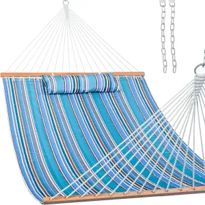 Lazy Daze Hammocks 12 FT Quilted Fabric Double Hammock with Spreader Bars and Detachable Pillow, 450 LBS Weight Capacity, Peacock Green Stripe