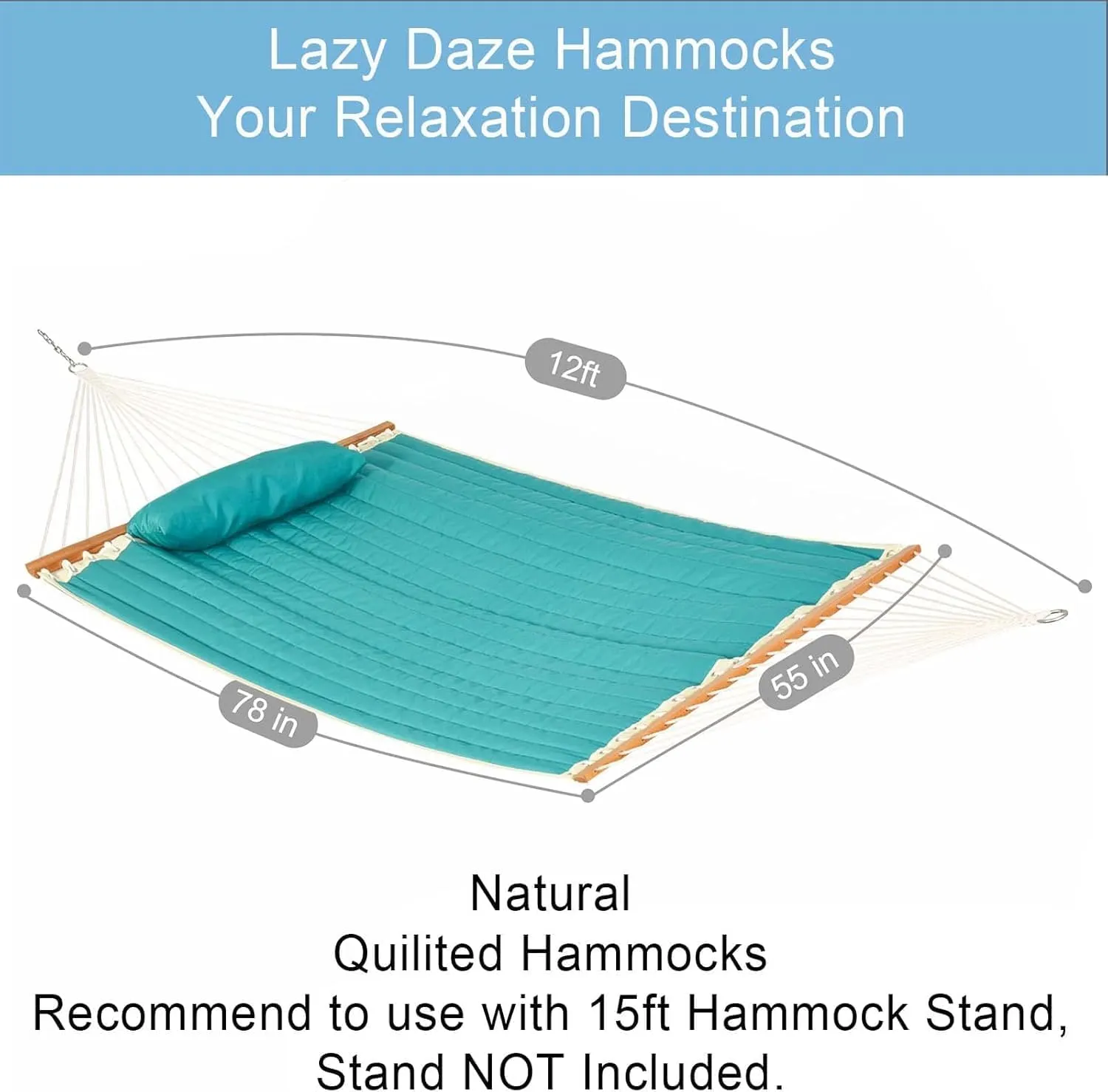 Lazy Daze Hammocks 12FT Quilted Fabric Double Hammock with Pillow, 2 Person Hammock with Spreader Bar for Outdoor Outside Patio Garden Yard Pool Beach (Blue)