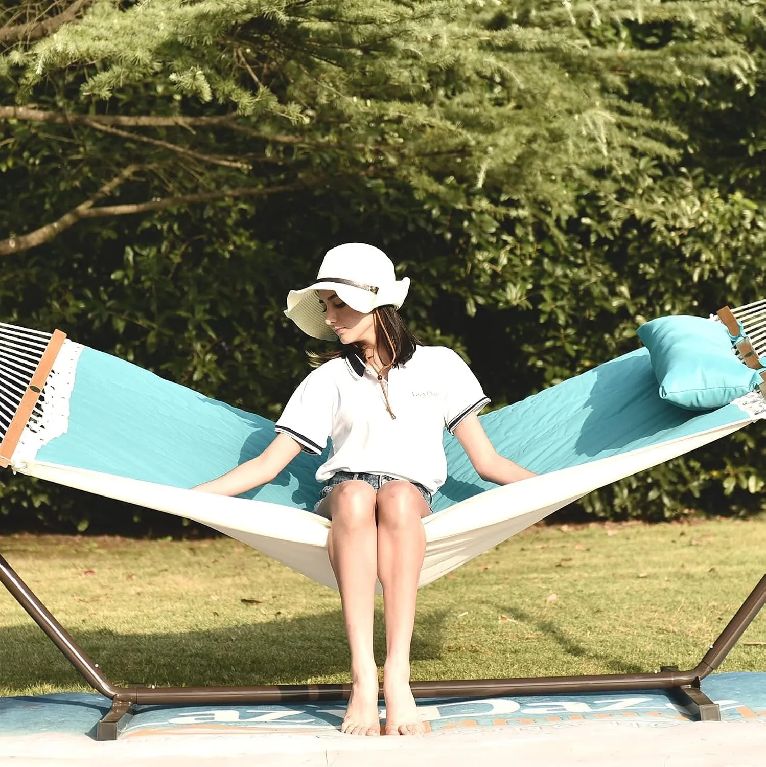 Lazy Daze Hammocks 12FT Quilted Fabric Double Hammock with Pillow, 2 Person Hammock with Spreader Bar for Outdoor Outside Patio Garden Yard Pool Beach (Blue)