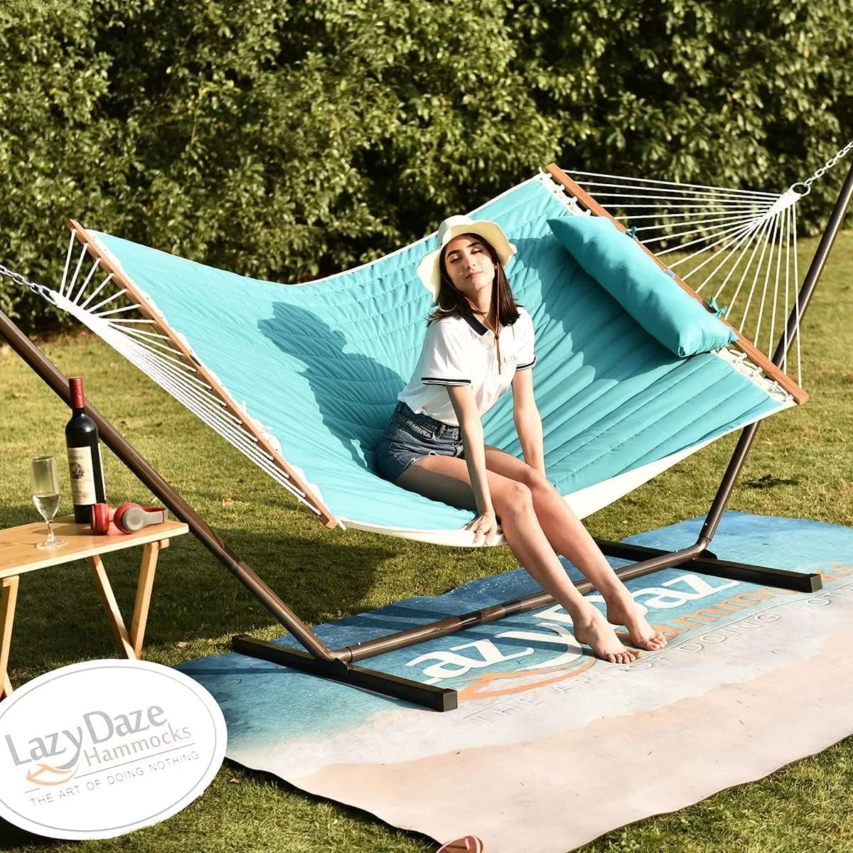 Lazy Daze Hammocks 12FT Quilted Fabric Double Hammock with Pillow, 2 Person Hammock with Spreader Bar for Outdoor Outside Patio Garden Yard Pool Beach (Blue)
