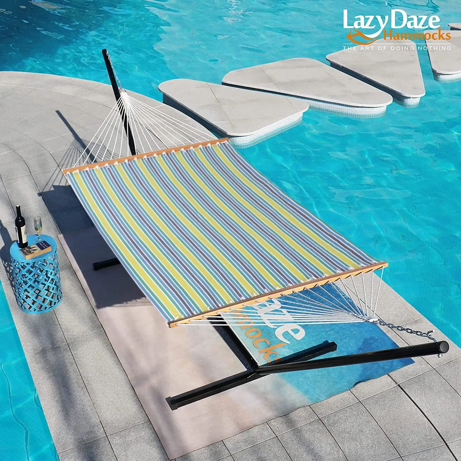 Lazy Daze Hammocks Quick Dry Hammock with Spreader Bar 2 Person Double Hammock with Chains Outdoor Outside Patio Poolside Backyard Beach 450 lbs Capacity, Blue Green Stripes