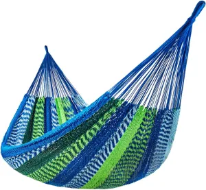 Lazy Daze Hammocks10.5 FT Handwoven Mayan Family Hammock with Portabl Carry Bag and for Outside Outdoor Patio Backyard Poolside, 550 LBS Weight Capacity,Blue/Green