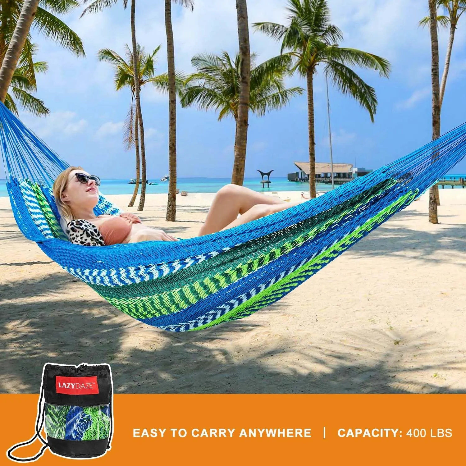 Lazy Daze Hammocks10.5 FT Handwoven Mayan Family Hammock with Portabl Carry Bag and for Outside Outdoor Patio Backyard Poolside, 550 LBS Weight Capacity,Blue/Green