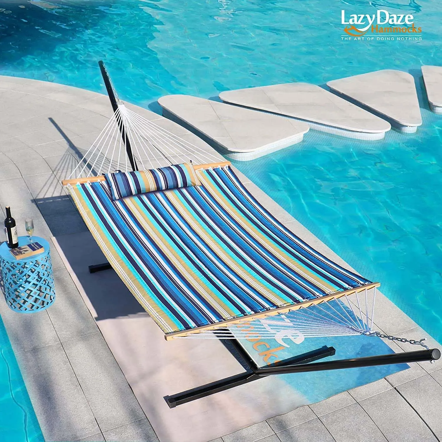 Lazy Daze Quilted Fabric Hammock with 12-Foot Stand, Double 2-Person Hammock with Pillow for Outdoor Outside Patio, Garden, Backyard, 450LB Capacity, Beach