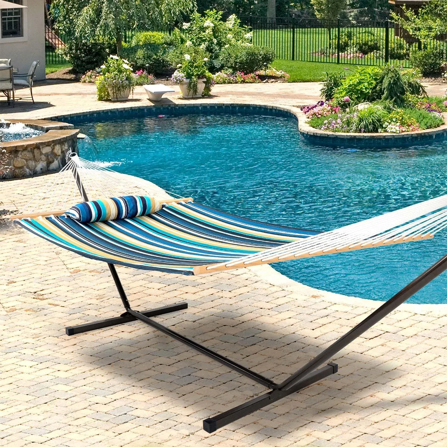 Lazy Daze Quilted Fabric Hammock with 12-Foot Stand, Double 2-Person Hammock with Pillow for Outdoor Outside Patio, Garden, Backyard, 450LB Capacity, Beach