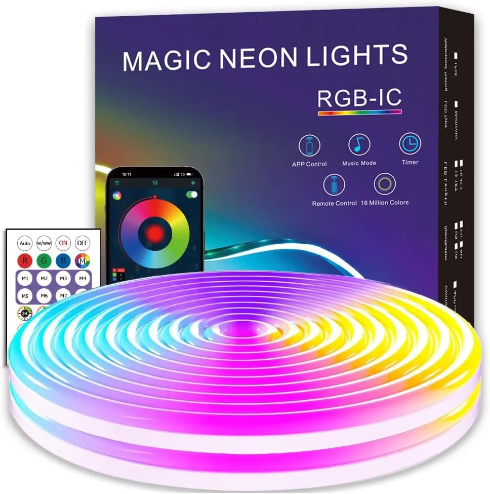 LED Neon Rope Lights, RGB Plus IC Neon Strip Lights, IP68 Waterproof Dimmable Rope Light with APP Remote Control for Gaming Room Living Room Bedroom Indoor/Outdoor Decor (Cuttable 16.4FT)