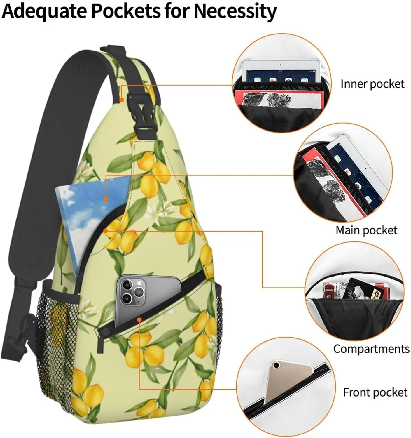 Lemon Crossbody Sling Backpack Sling Bag Adjustable Chest Shoulder Daypack For Women Men