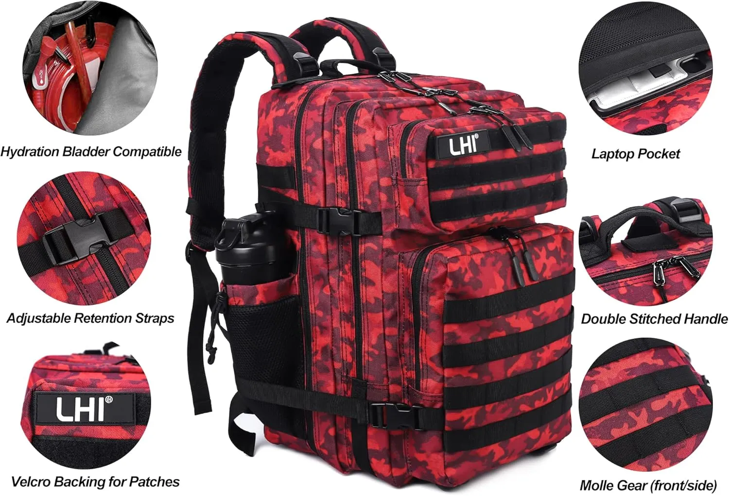 LHI Military Tactical Backpack for Men Molle Daypack 45L Army 3 Days Assault Pack Bag Large Rucksack With Bottle Holder(12*20*12)