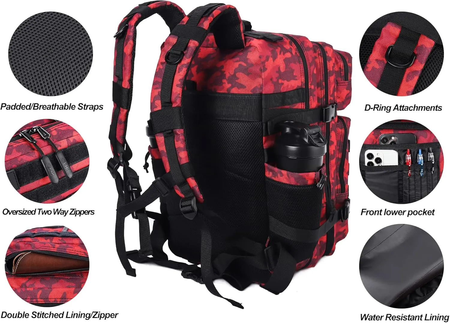 LHI Military Tactical Backpack for Men Molle Daypack 45L Army 3 Days Assault Pack Bag Large Rucksack With Bottle Holder(12*20*12)