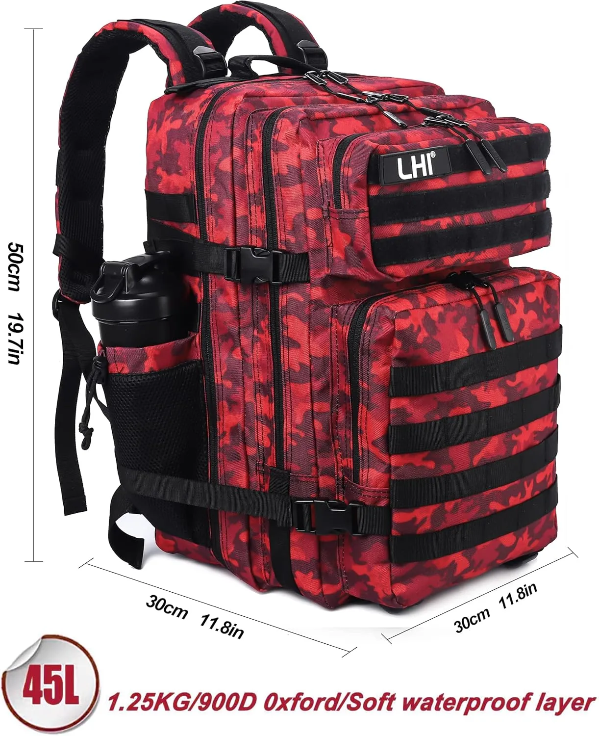 LHI Military Tactical Backpack for Men Molle Daypack 45L Army 3 Days Assault Pack Bag Large Rucksack With Bottle Holder(12*20*12)