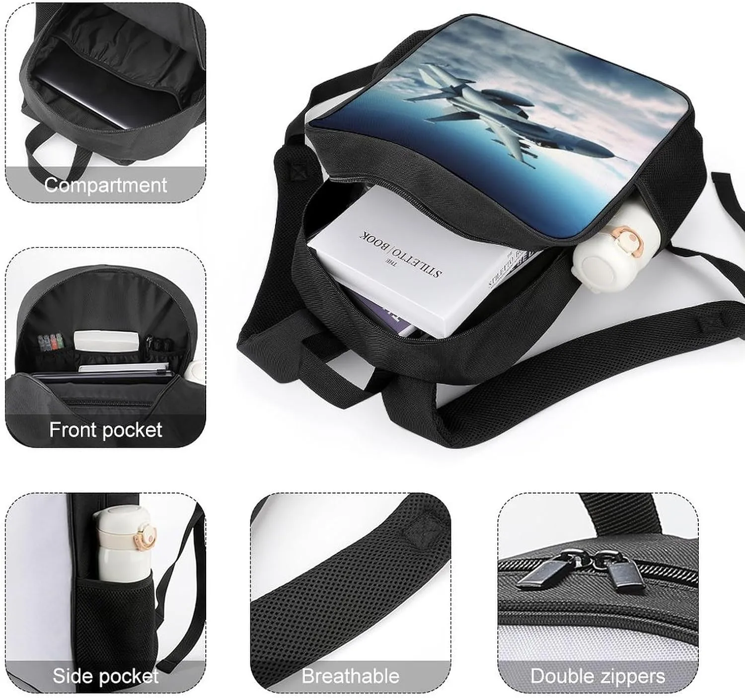 Lightweight Backpacks Cute Travel Bag Durable Aircraft Fighter Jets Printing Small Travel Backpack For Women & Men