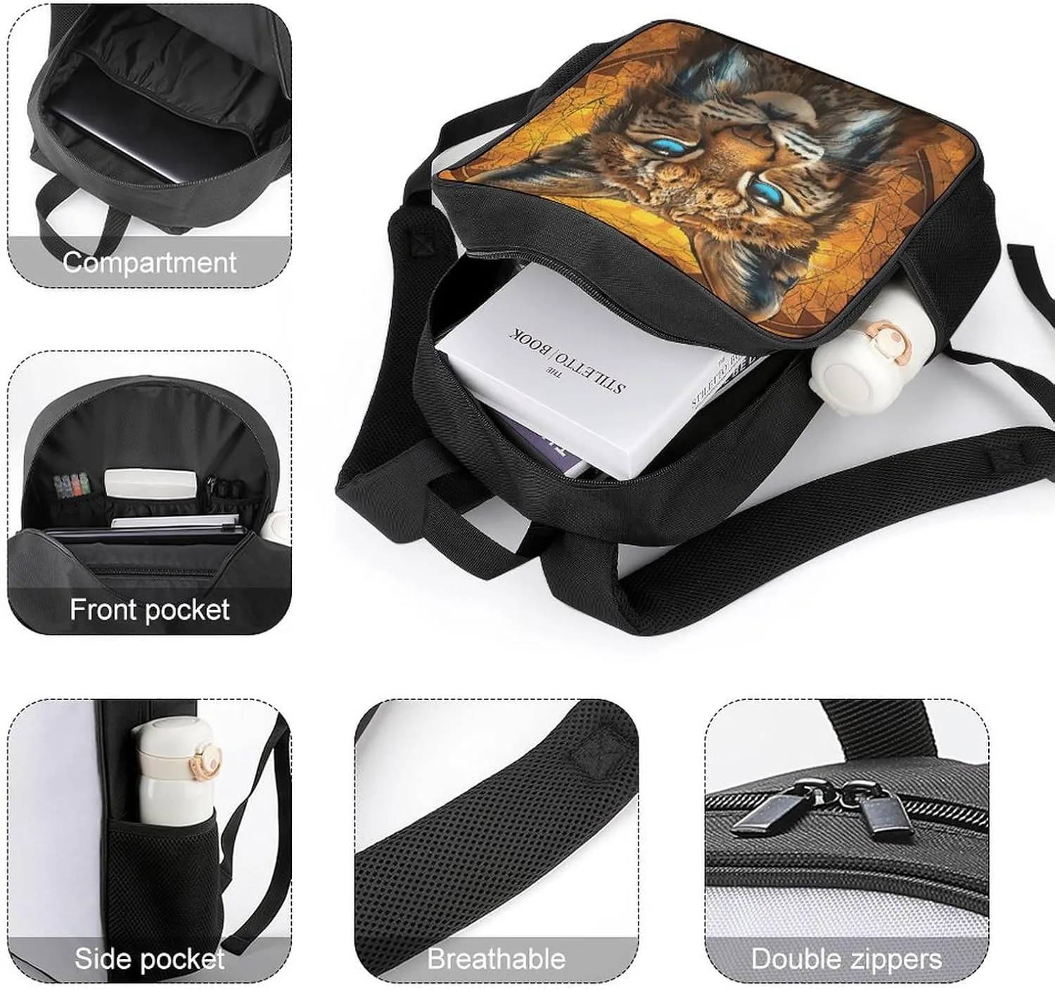 Lightweight Backpacks Cute Travel Bag Durable Blue Eyed Bobcat Printing Small Travel Backpack For Women & Men