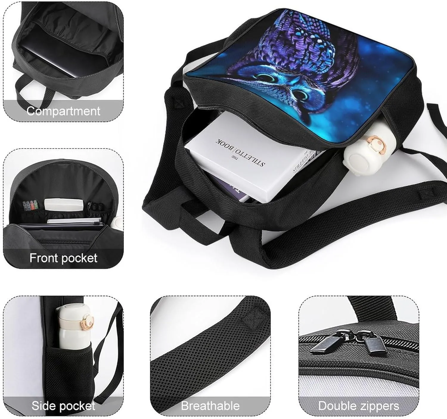 Lightweight Backpacks Cute Travel Bag Durable Blue Owl Printing Small Travel Backpack For Women & Men