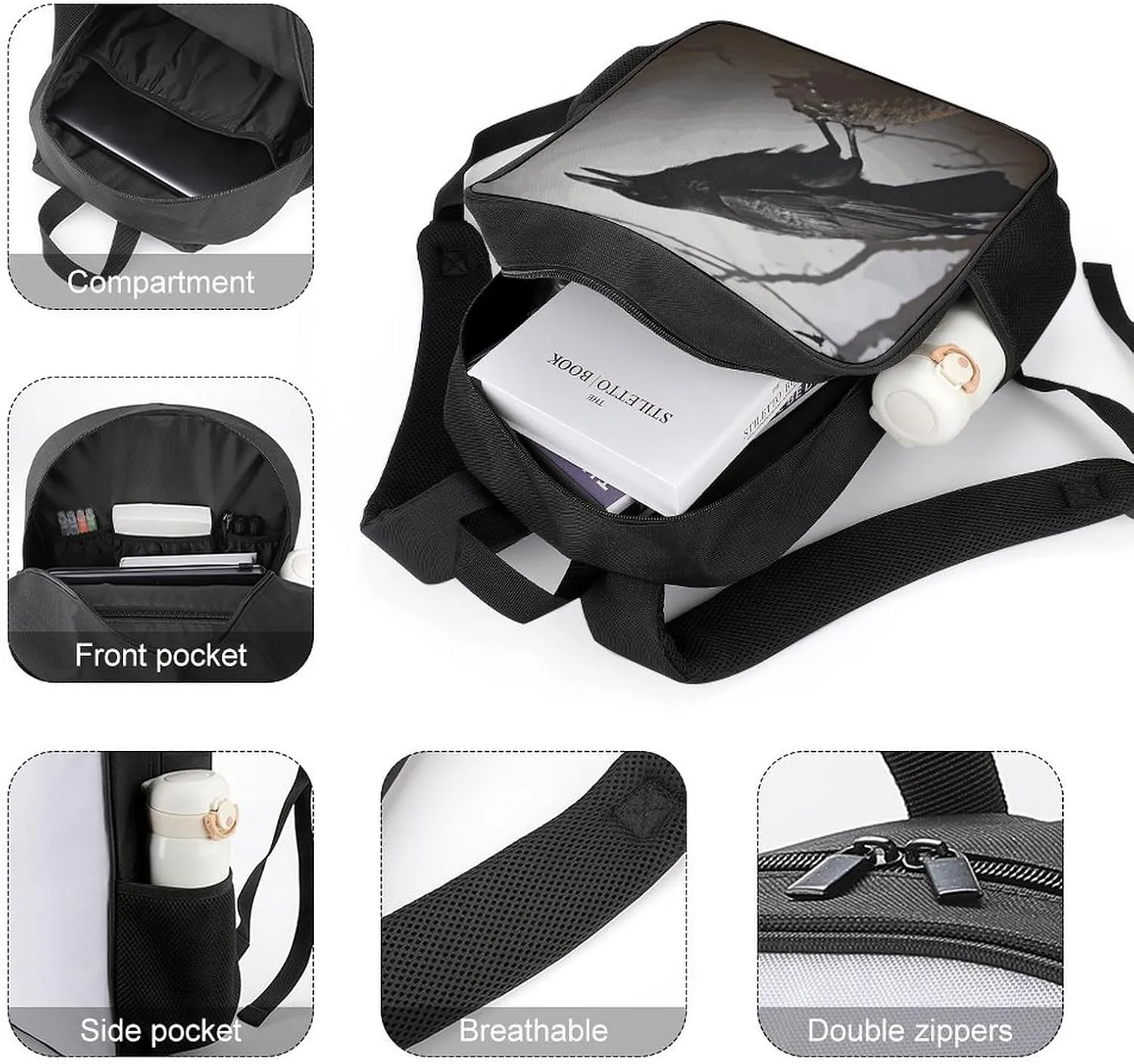 Lightweight Backpacks Cute Travel Bag Durable Crow Birds Printing Small Travel Backpack For Women & Men
