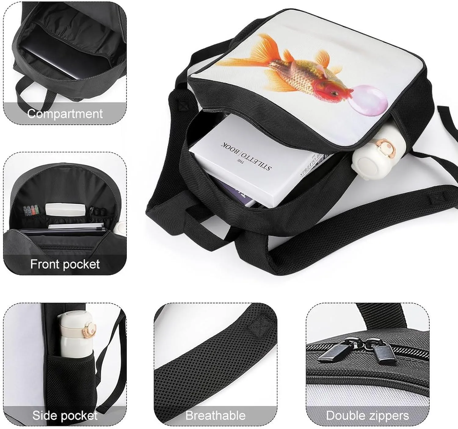 Lightweight Backpacks Cute Travel Bag Durable Fish Blowing Bubble Gum Printing Small Travel Backpack For Women & Men