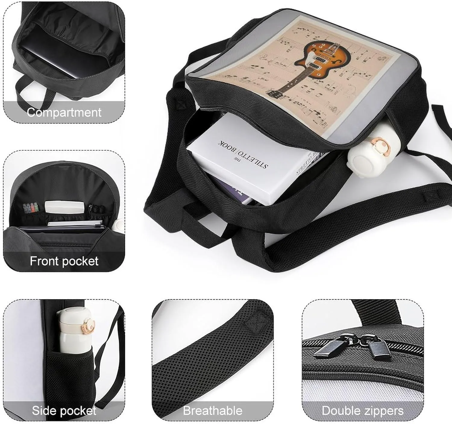 Lightweight Backpacks Cute Travel Bag Durable Musical Guitar Print Printing Small Travel Backpack For Women & Men