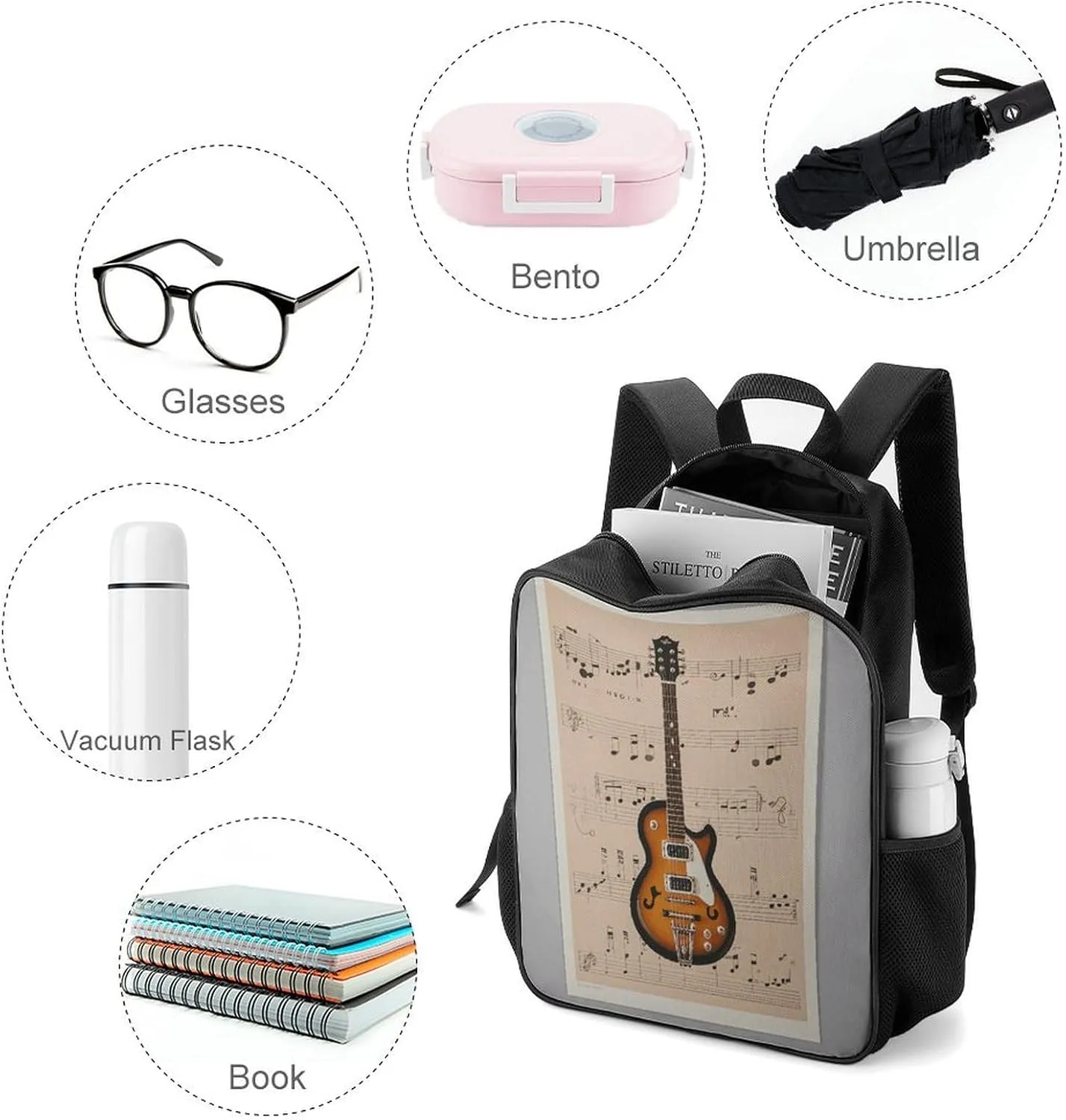 Lightweight Backpacks Cute Travel Bag Durable Musical Guitar Print Printing Small Travel Backpack For Women & Men