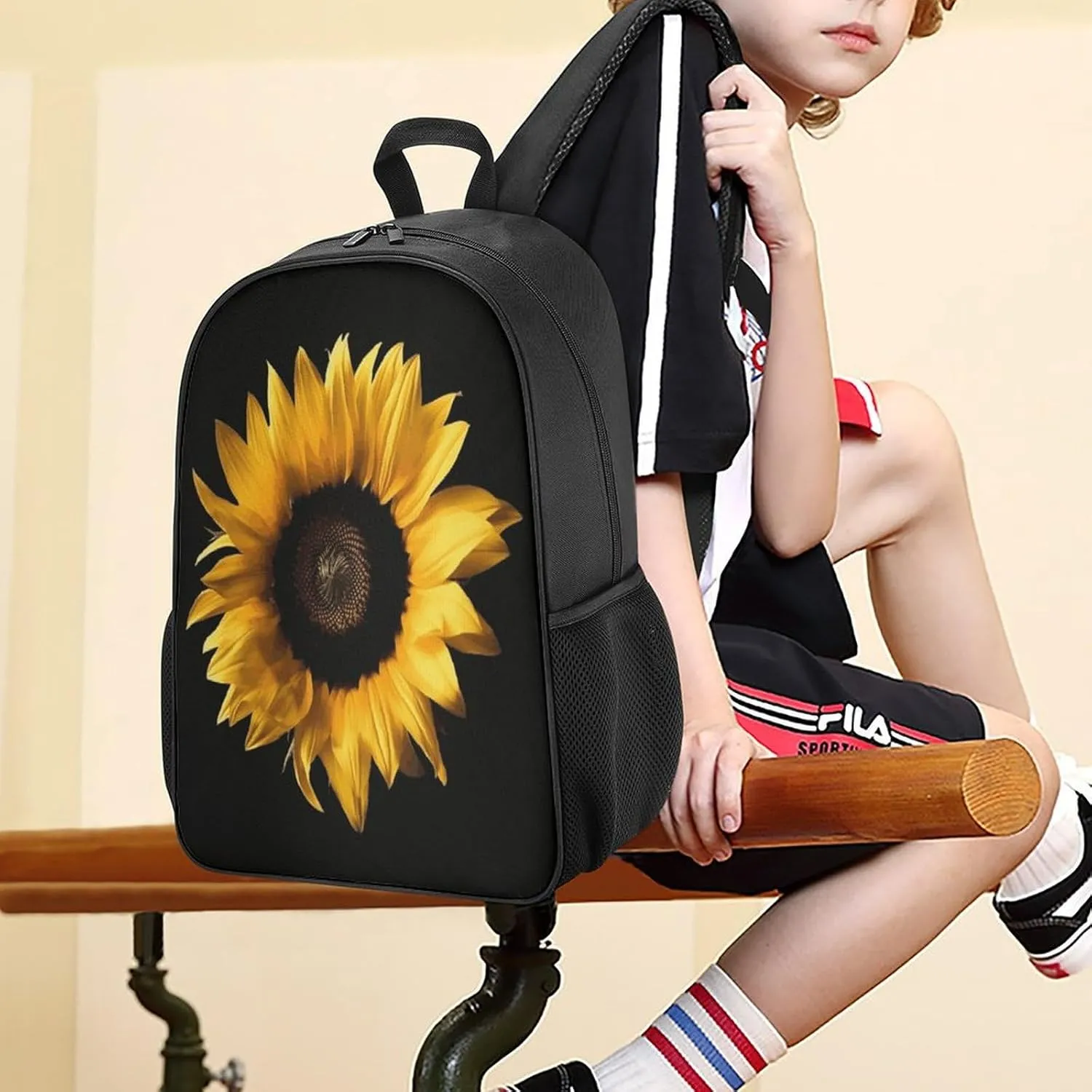 Lightweight Backpacks Cute Travel Bag Durable Sunflower on Black Background Printing Small Travel Backpack For Women & Men