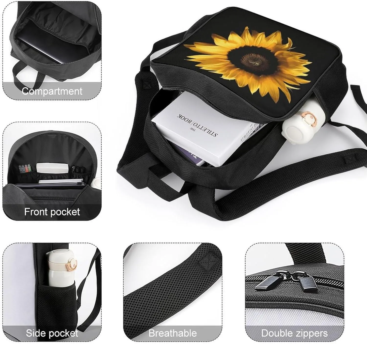 Lightweight Backpacks Cute Travel Bag Durable Sunflower on Black Background Printing Small Travel Backpack For Women & Men