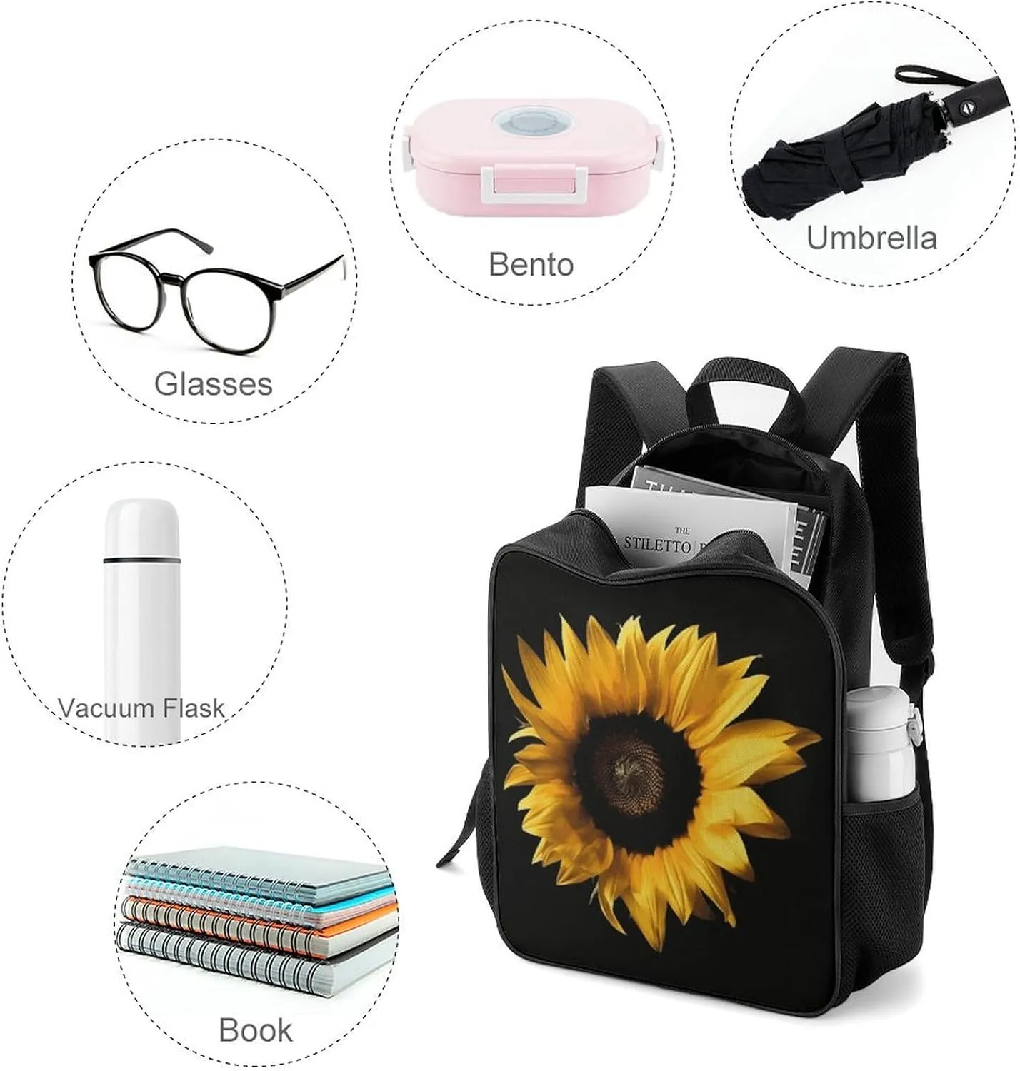Lightweight Backpacks Cute Travel Bag Durable Sunflower on Black Background Printing Small Travel Backpack For Women & Men