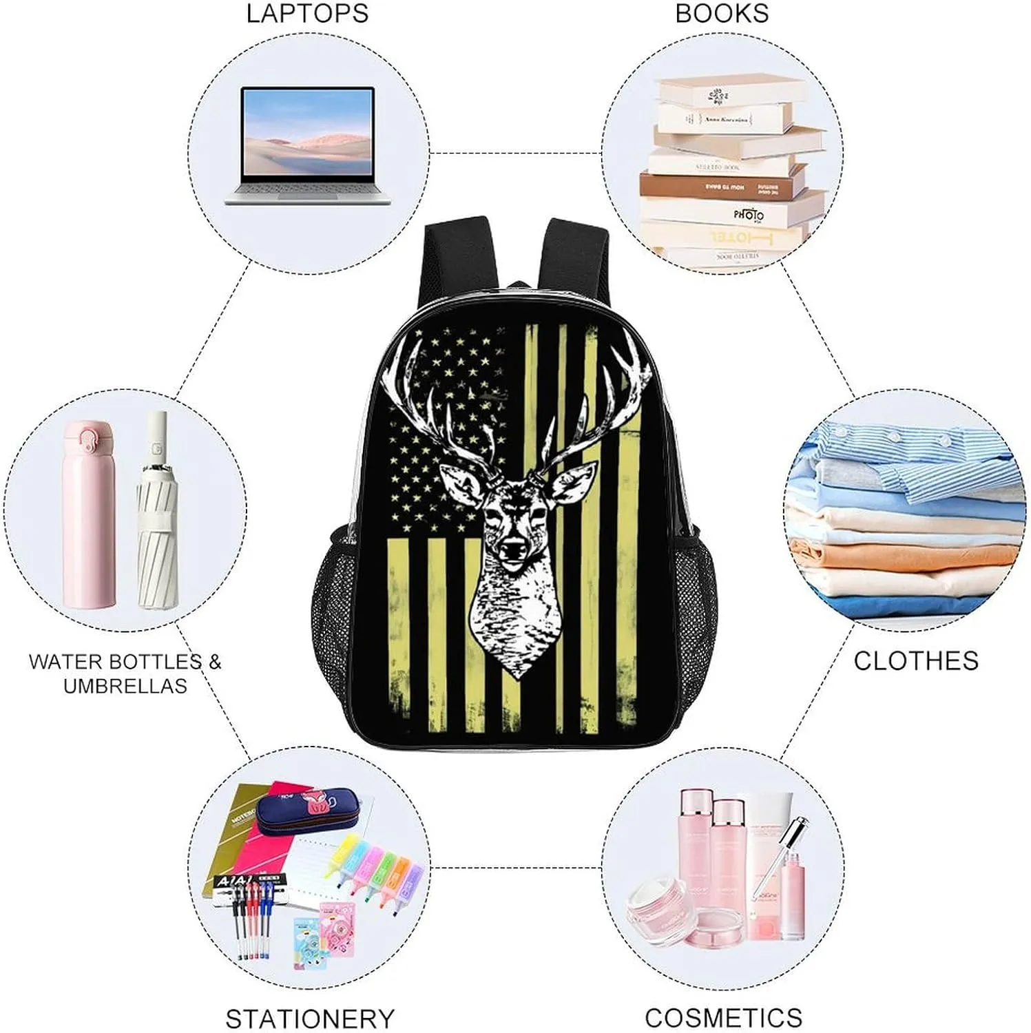 Lightweight Daypack Backpack for Sports Travel Running - Large Capacity Multipurpose Transparent Bookbag, Camouflage American Flag Hunting Camo Deer Black Laptop Backpack Daypack