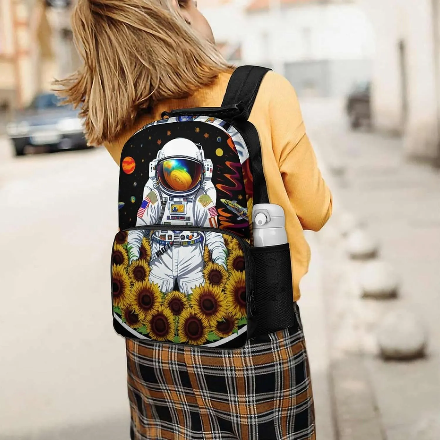 Lightweight Daypack Bookbag for Trekking Business Walking Cycling - Big Capacity Anti-Theft Multipurpose Carry On Bag, Psychedelic Space Astronaut Sunflower Snake Art Business Computer Bag