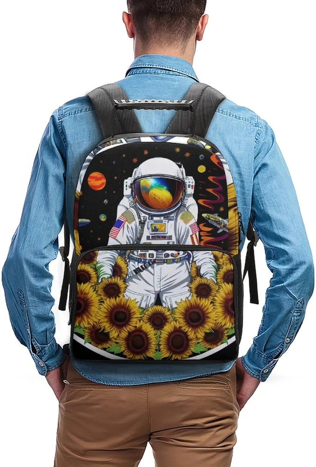 Lightweight Daypack Bookbag for Trekking Business Walking Cycling - Big Capacity Anti-Theft Multipurpose Carry On Bag, Psychedelic Space Astronaut Sunflower Snake Art Business Computer Bag