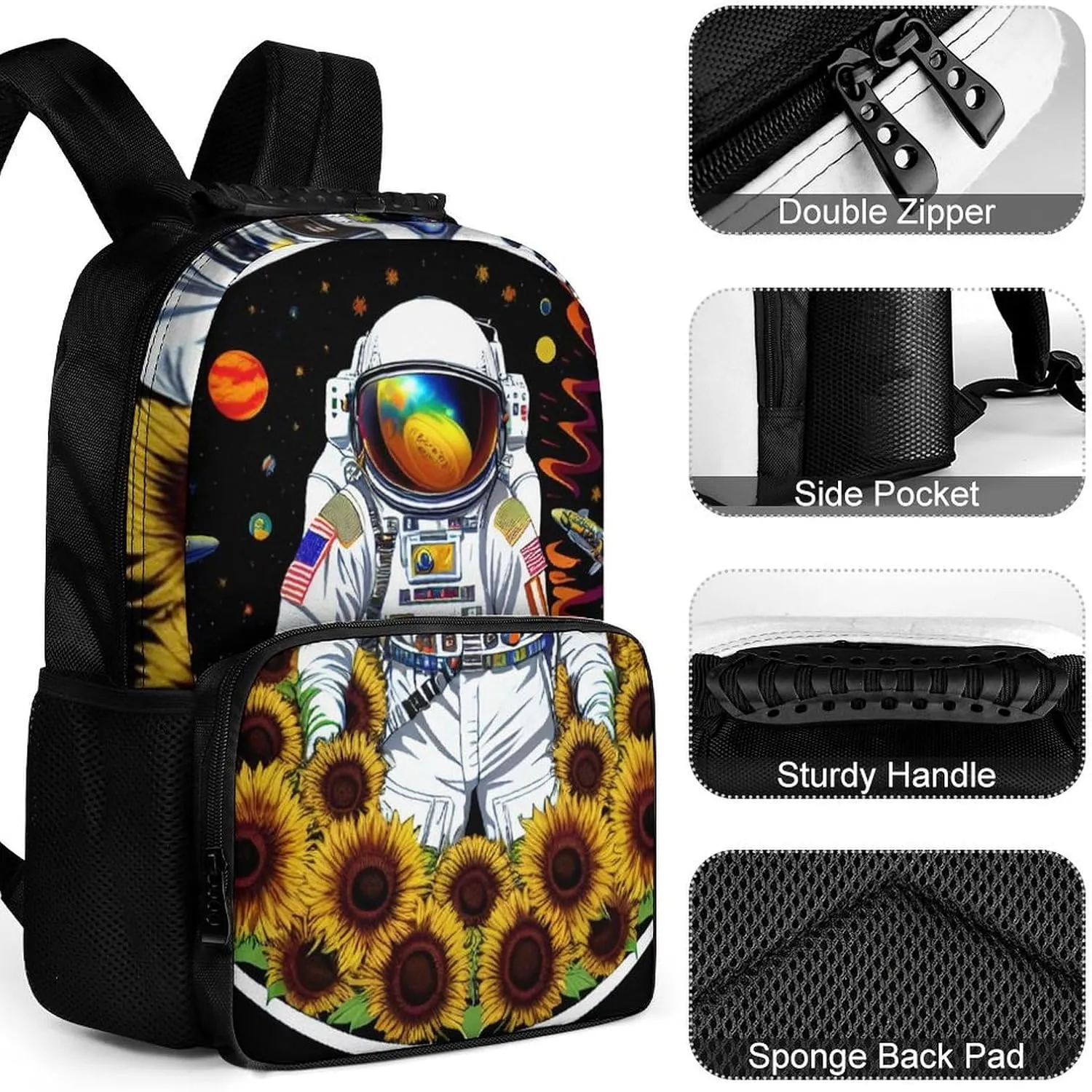 Lightweight Daypack Bookbag for Trekking Business Walking Cycling - Big Capacity Anti-Theft Multipurpose Carry On Bag, Psychedelic Space Astronaut Sunflower Snake Art Business Computer Bag