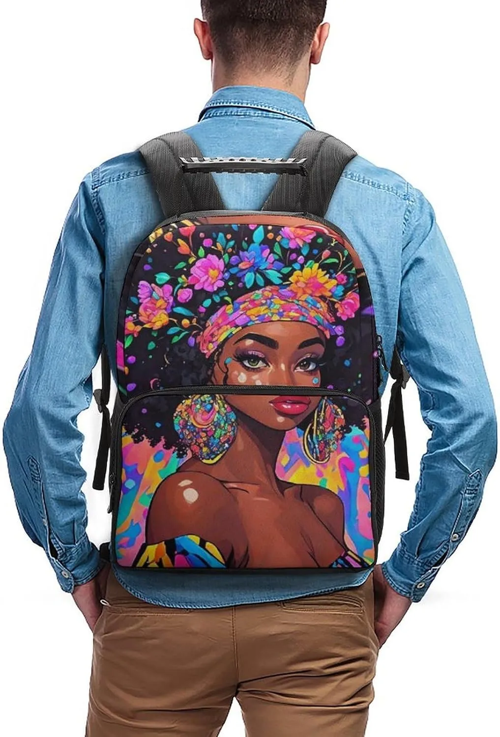Lightweight Daypack for Camping Business Walking Cycling - Large Capacity Anti-Theft Multipurpose Bookbag, Afro Women African American Black Woman Floral Art Gym Outdoor Hiking Backpack