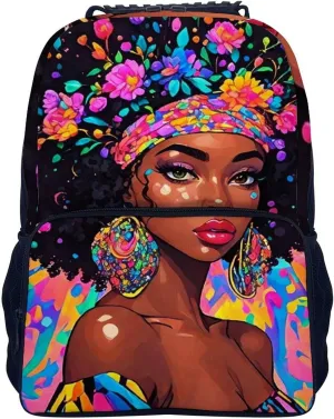 Lightweight Daypack for Camping Business Walking Cycling - Large Capacity Anti-Theft Multipurpose Bookbag, Afro Women African American Black Woman Floral Art Gym Outdoor Hiking Backpack