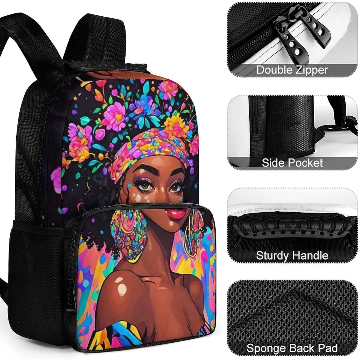 Lightweight Daypack for Camping Business Walking Cycling - Large Capacity Anti-Theft Multipurpose Bookbag, Afro Women African American Black Woman Floral Art Gym Outdoor Hiking Backpack