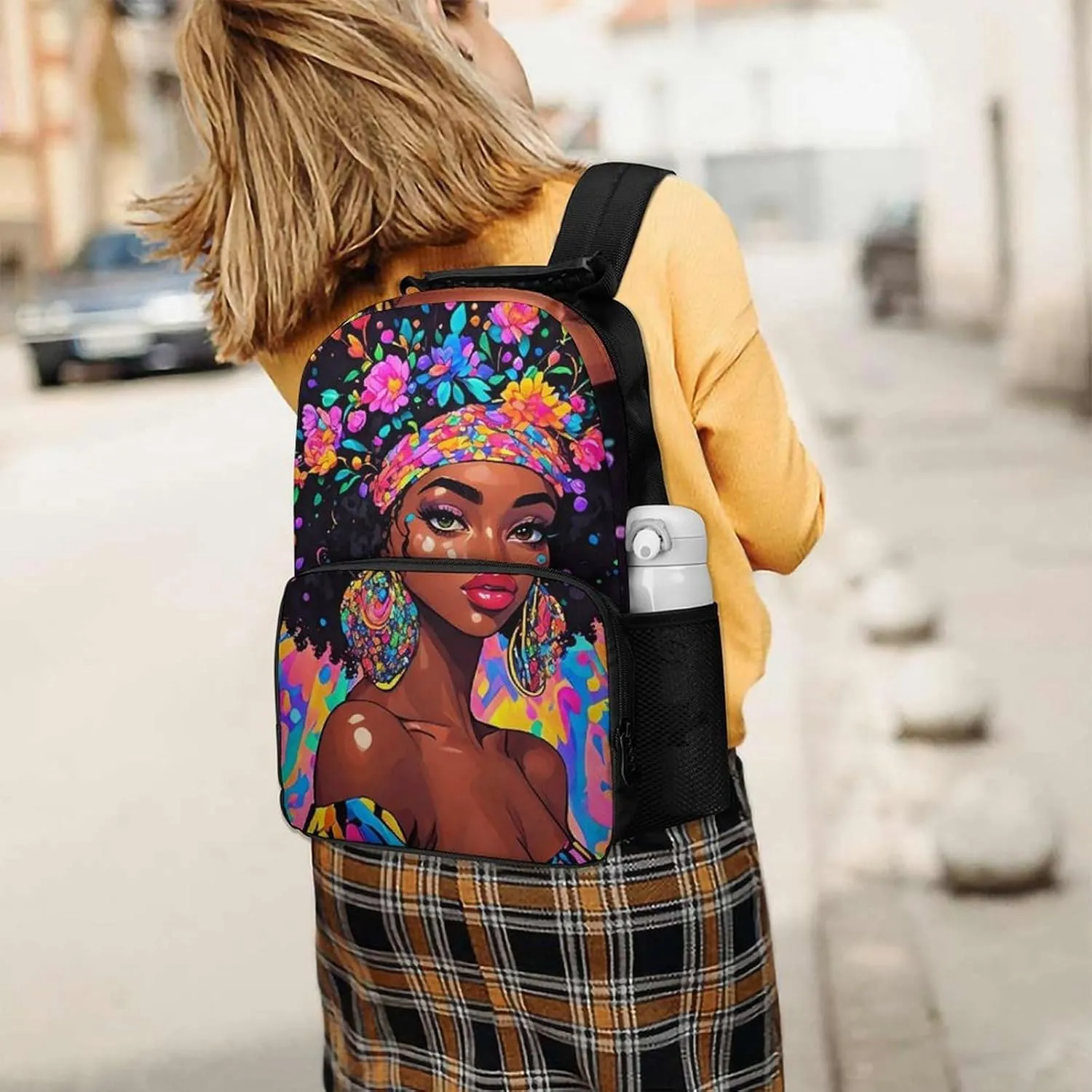 Lightweight Daypack for Camping Business Walking Cycling - Large Capacity Anti-Theft Multipurpose Bookbag, Afro Women African American Black Woman Floral Art Gym Outdoor Hiking Backpack