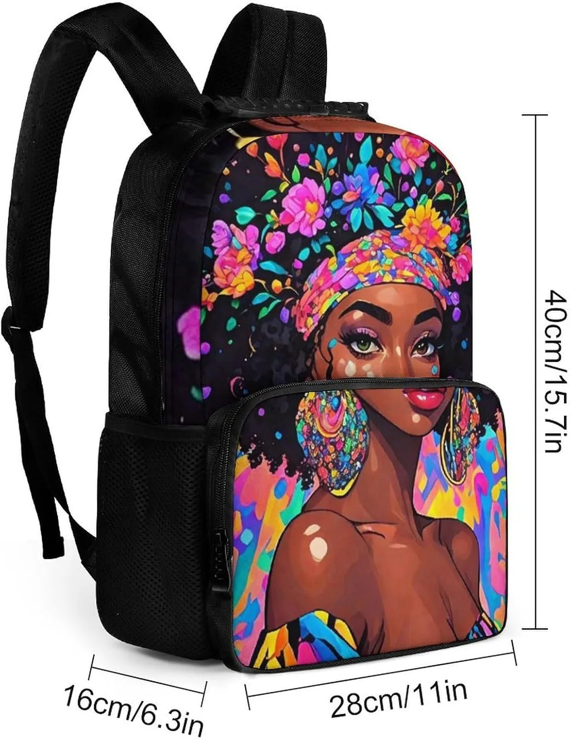 Lightweight Daypack for Camping Business Walking Cycling - Large Capacity Anti-Theft Multipurpose Bookbag, Afro Women African American Black Woman Floral Art Gym Outdoor Hiking Backpack