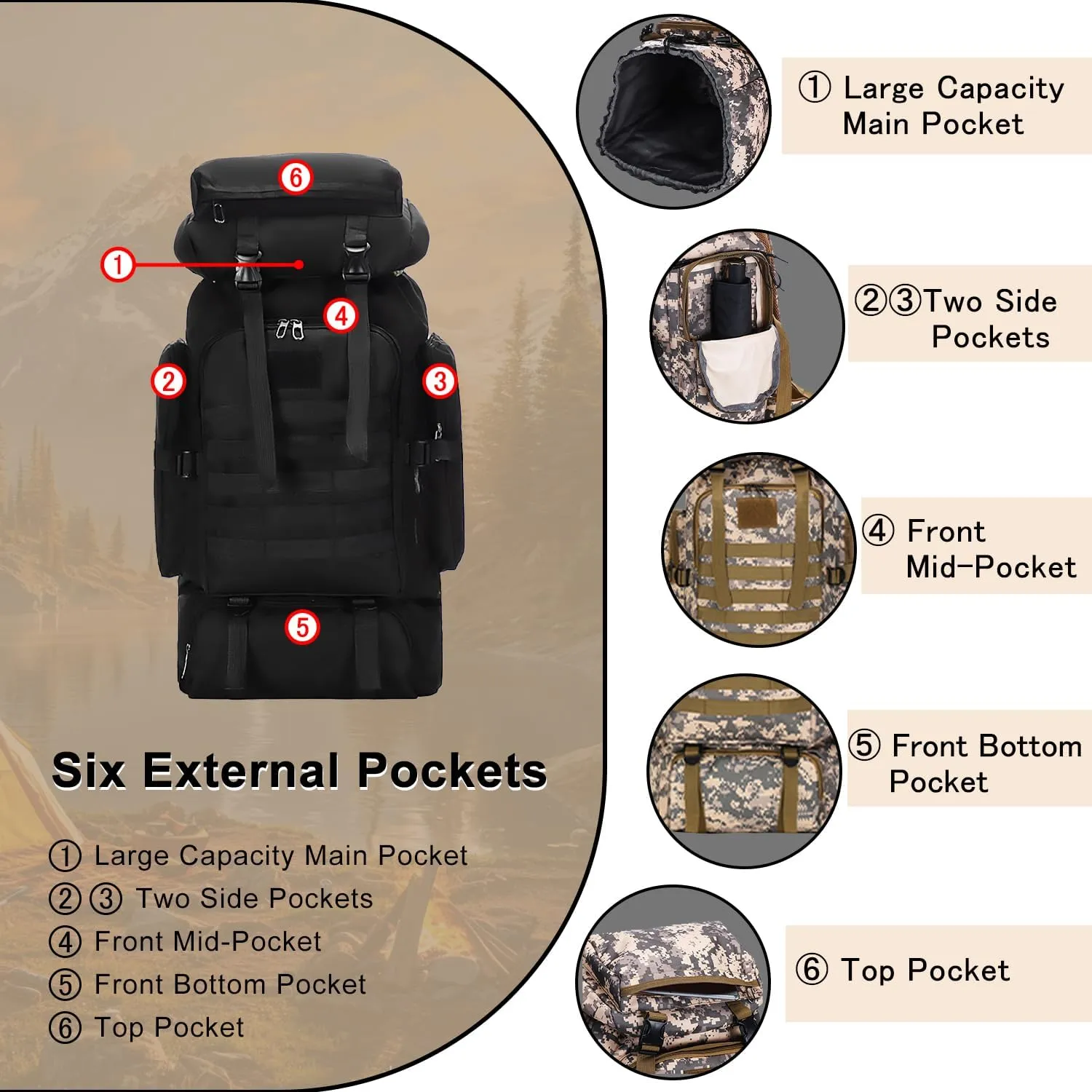 Lightweight Hiking Backpack 70L for Camping, Backpacking,Travel,Water Resistant Backpack for Women Men (black)