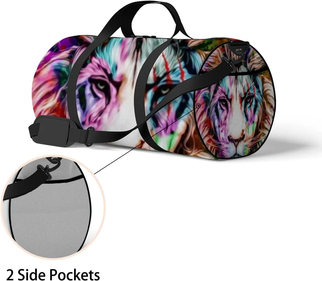 Lion Head Creative Abstract Elements on Sports Bag Tote Bag Waterproof Gym Bag with Shoulder Strap Zipper 2 Side Pockets for Men and Women, Travel and Storage Shoulder Bag.