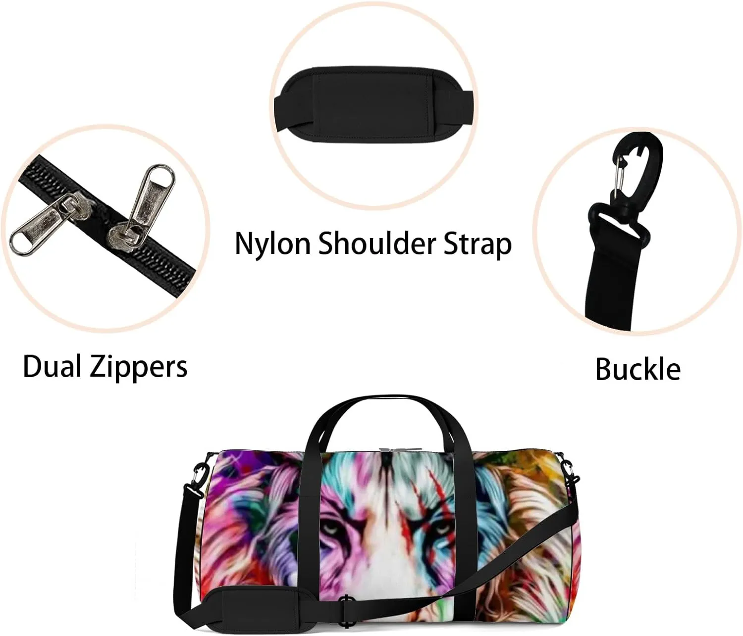 Lion Head Creative Abstract Elements on Sports Bag Tote Bag Waterproof Gym Bag with Shoulder Strap Zipper 2 Side Pockets for Men and Women, Travel and Storage Shoulder Bag.