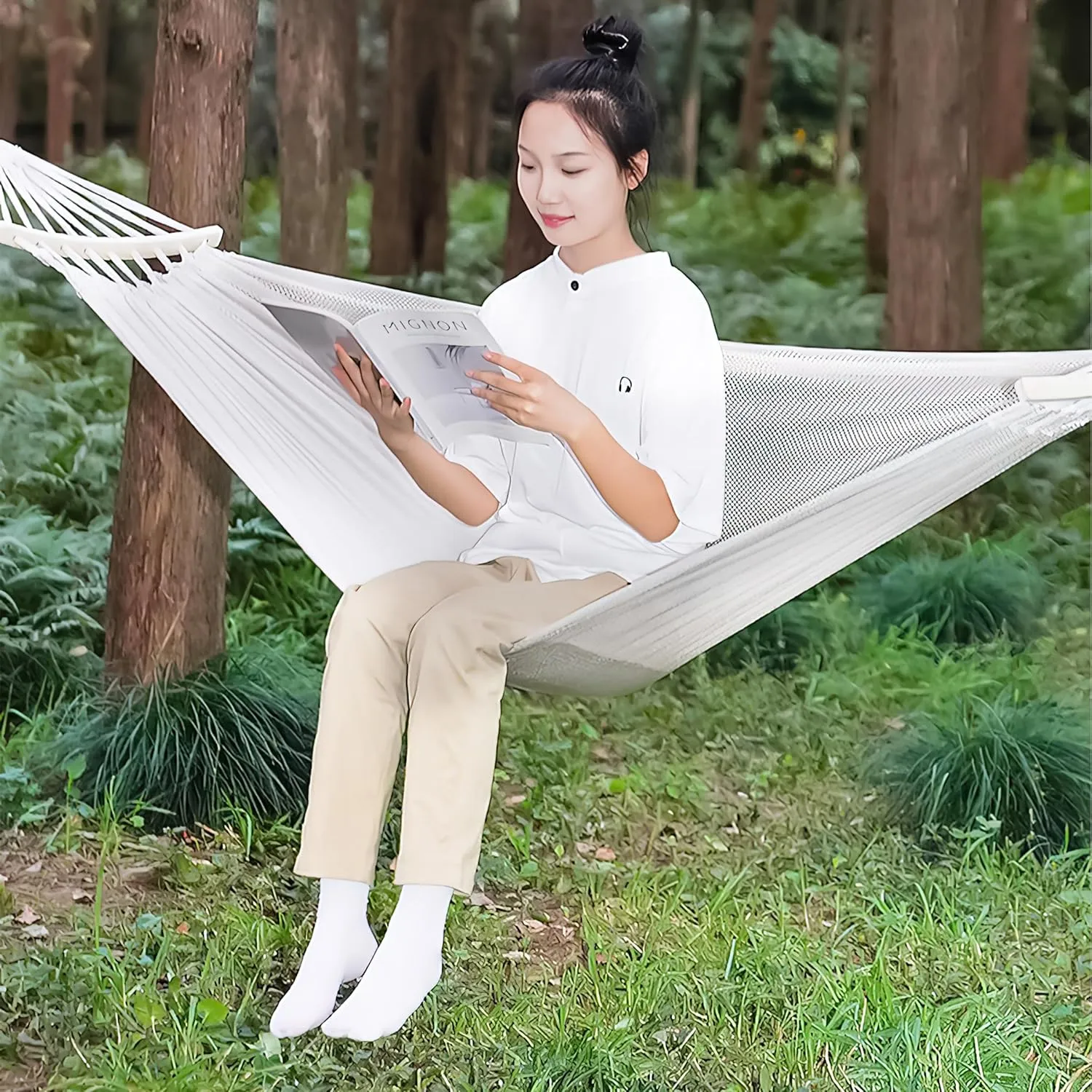 Load Bearing Camping Hammock - Breathable 600 lbs - Durable Canvas with Anti-Roll Beam and Metal Straps for Outdoor Use (White, Widths 51In)