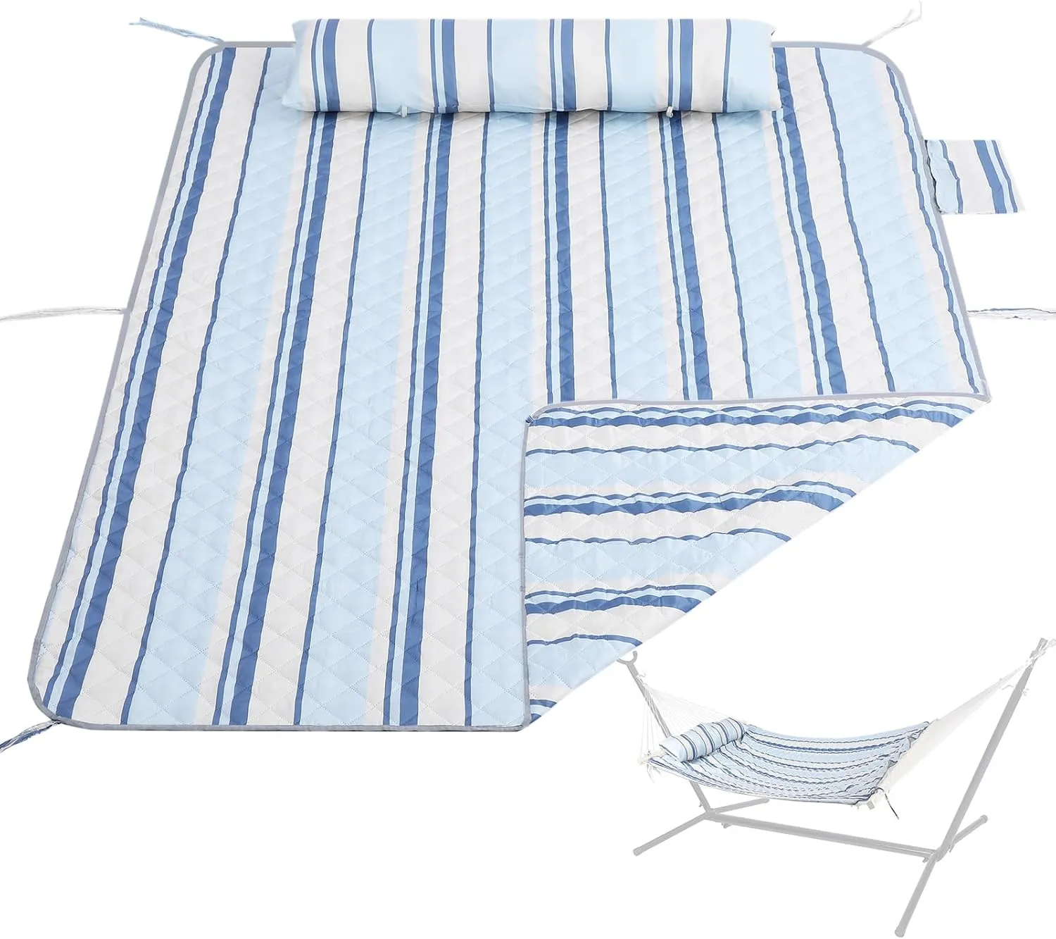 Luckly Double Hammock Pad and Pillow Set,Polyester Quilted Hammock Pad, Enhanced Comfort for Rope Hammocks, BlueStripe