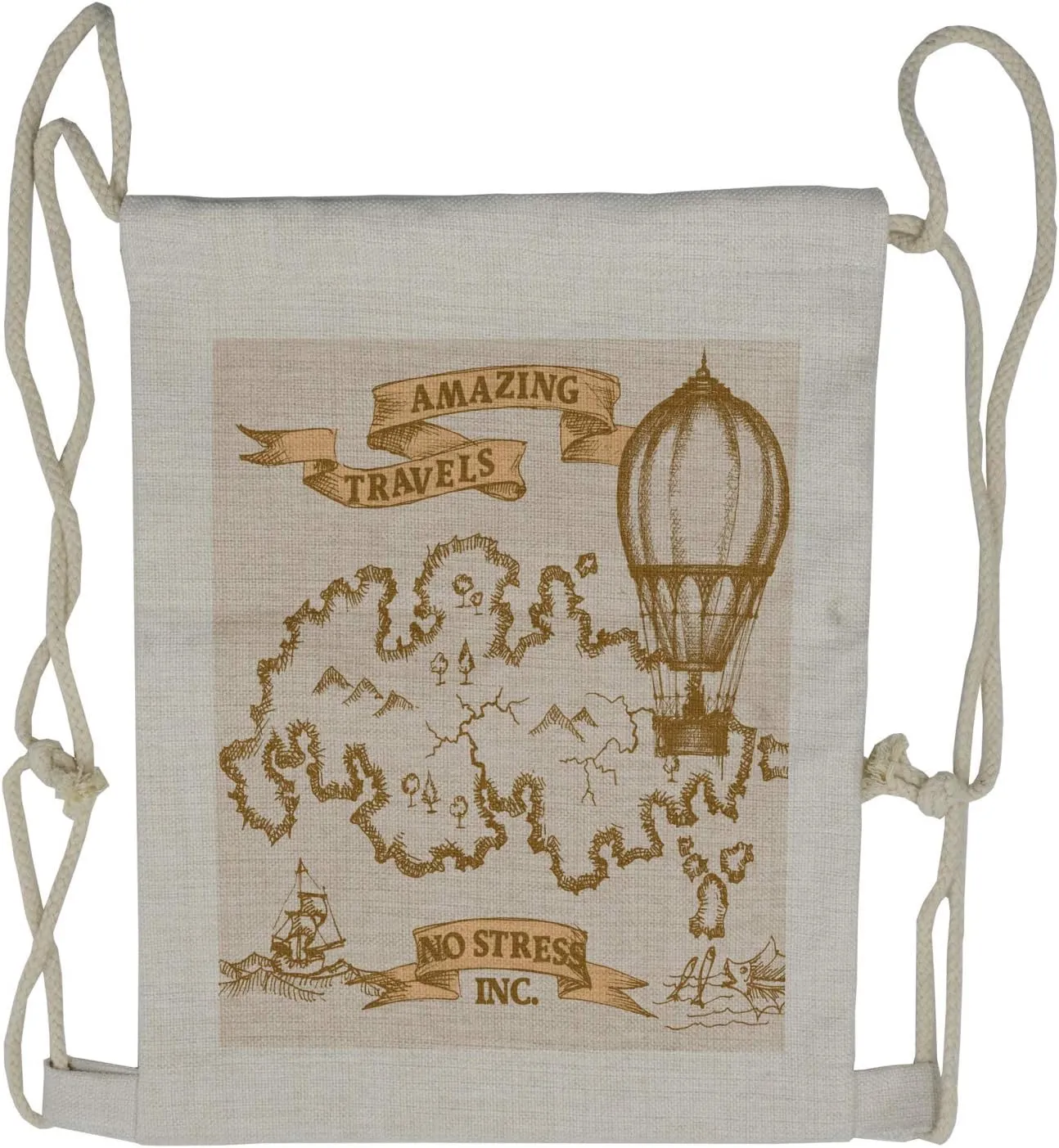 Lunarable World Map Drawstring Backpack, Boat and Hot Air Baloon, Sackpack Bag