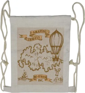 Lunarable World Map Drawstring Backpack, Boat and Hot Air Baloon, Sackpack Bag