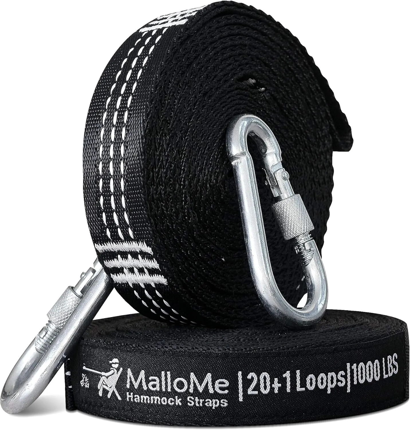 MalloMe XL Hammock Straps for Trees - Hammock Tree Straps Set 2000  LBS Heavy Duty 40 Loops & 100% No Stretch Suspension System Kit - Camping Hammocks Accessories | 2 Carabiners | 12 Feet Black