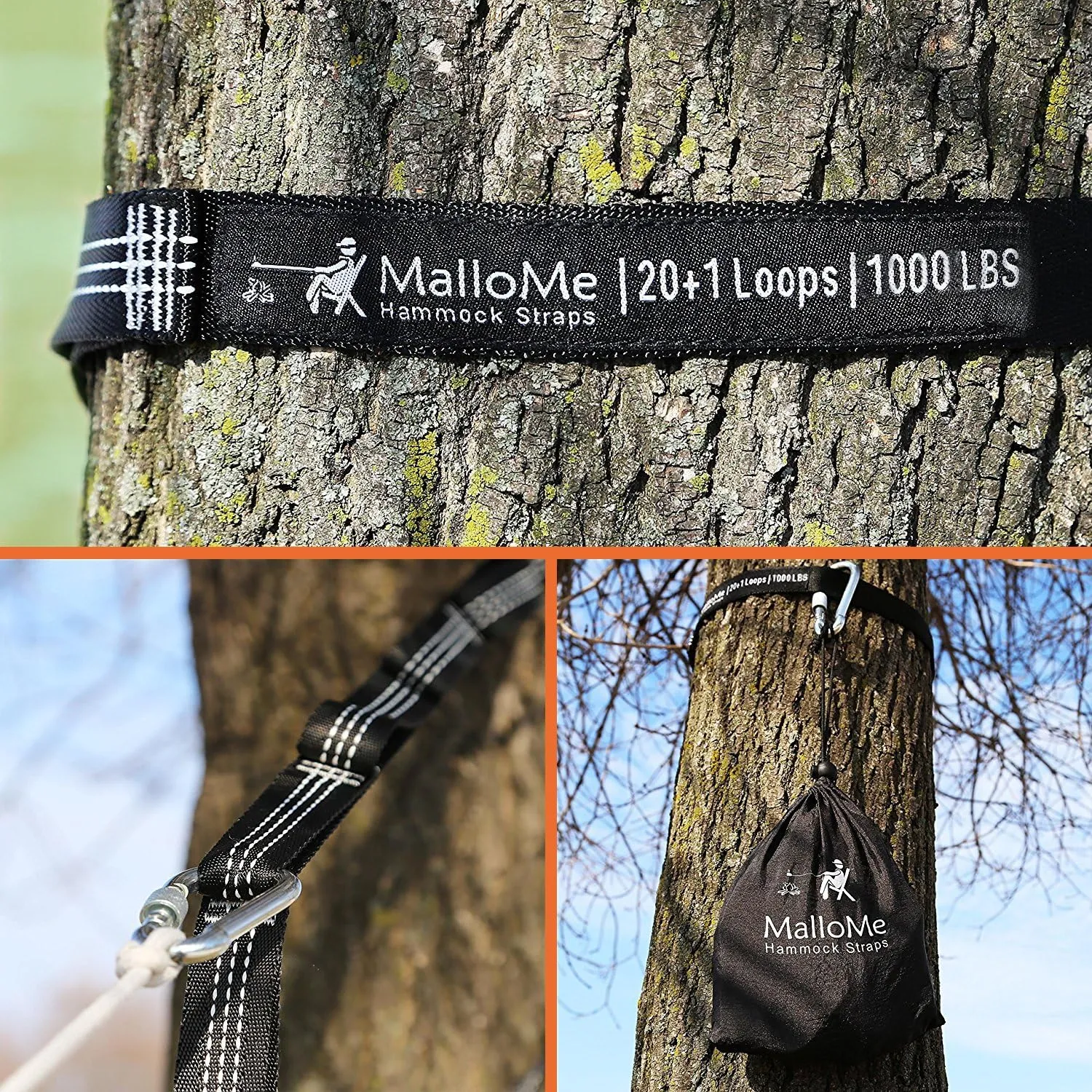 MalloMe XL Hammock Straps for Trees - Hammock Tree Straps Set 2000  LBS Heavy Duty 40 Loops & 100% No Stretch Suspension System Kit - Camping Hammocks Accessories | 2 Carabiners | 12 Feet Black