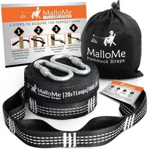 MalloMe XL Hammock Straps for Trees - Hammock Tree Straps Set 2000  LBS Heavy Duty 40 Loops & 100% No Stretch Suspension System Kit - Camping Hammocks Accessories | 2 Carabiners | 12 Feet Black