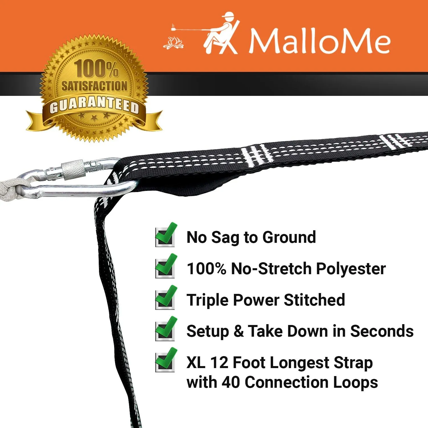 MalloMe XL Hammock Straps for Trees - Hammock Tree Straps Set 2000  LBS Heavy Duty 40 Loops & 100% No Stretch Suspension System Kit - Camping Hammocks Accessories | 2 Carabiners | 12 Feet Black