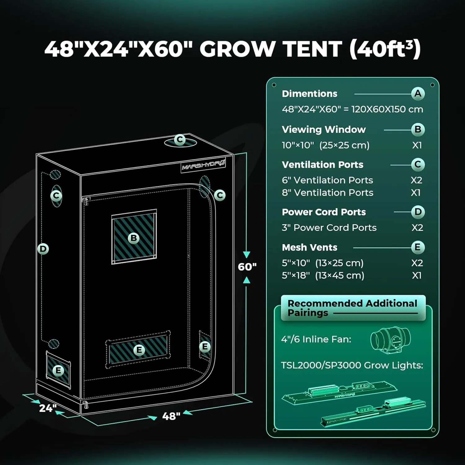 MARS HYDRO 4x2x5 Advanced Grow Tent, 48"x24"x60" High Reflective Mylar 1680D for Hydroponics Indoor Plant Growing, with Observation Window,Floor Tray and Smooth Zipper for TSL2000/SP3000